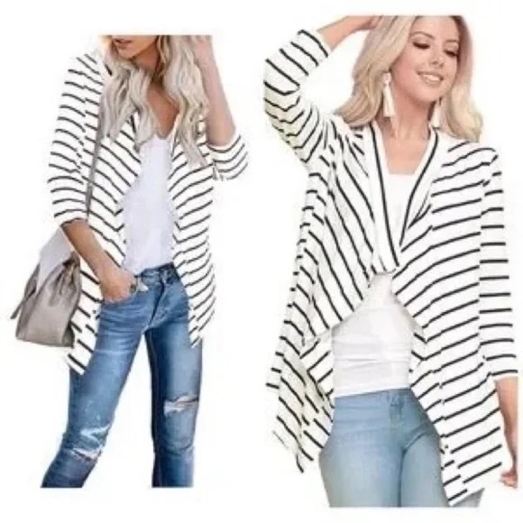 Doubleju | 3/4 Sleeve Striped Nautical Cardigan Sweater Plus Size - Picture 3 of 7